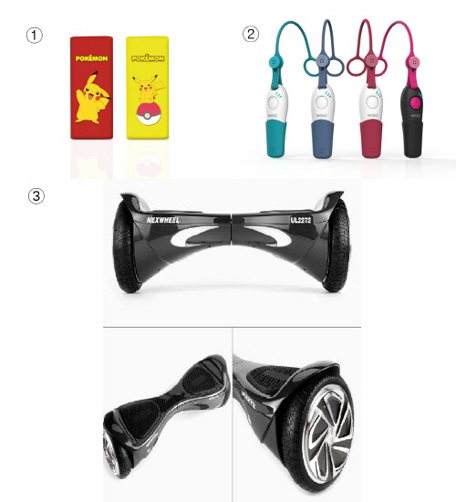 ① 포켓몬고 보조배터리 알로300P, ② 위소 스마트휘슬 ③ 넥스휠 UL2272